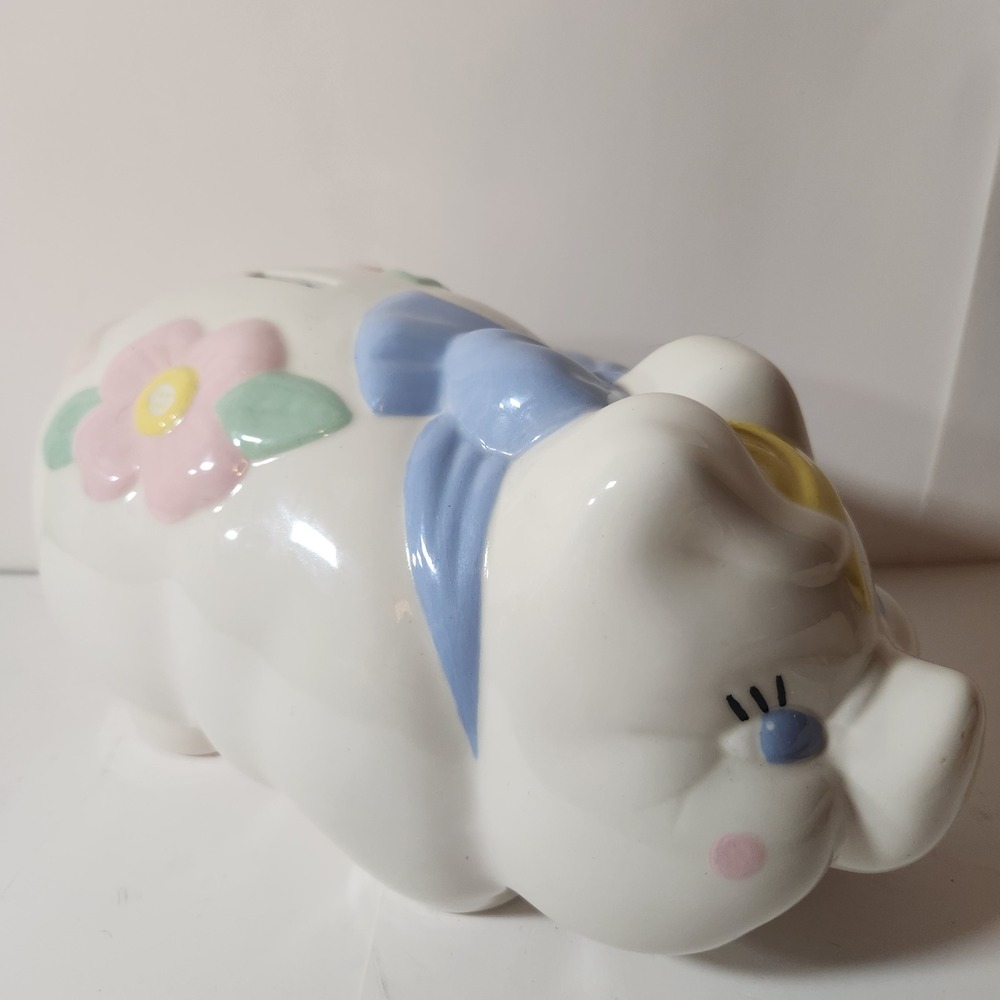 Vintage 1989 Ceramic Piggy Bank Pastel Pink Floral Blue Bowβ White Nursery Decor